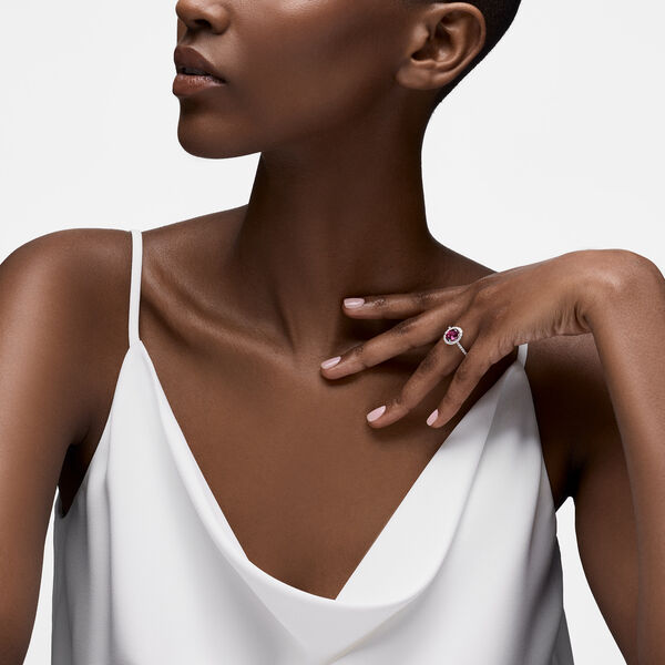 Oval-Cut Rhodolite Ring with Halo and Pav&eacute; Band